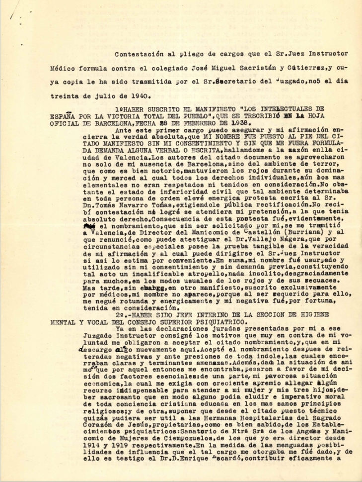 Pliego de descargos. Fuente: Colegio de Médicos, SACRISTÁN GUTIERREZ, JOSÉ MIGUEL_COL. Nº 282801637